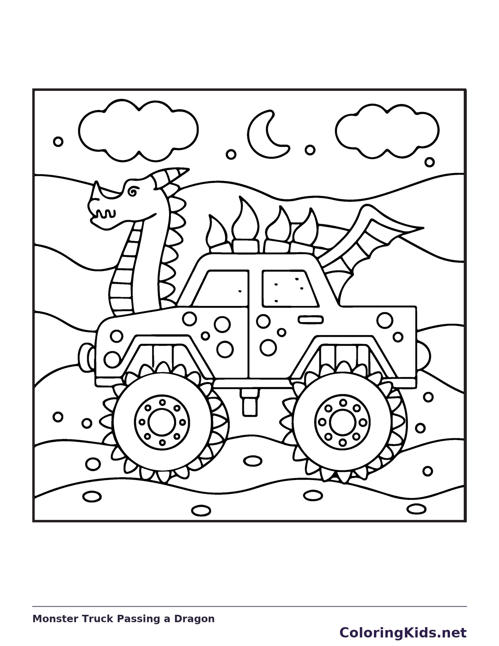 Black and white printable monster truck passing a dragon coloring sheet