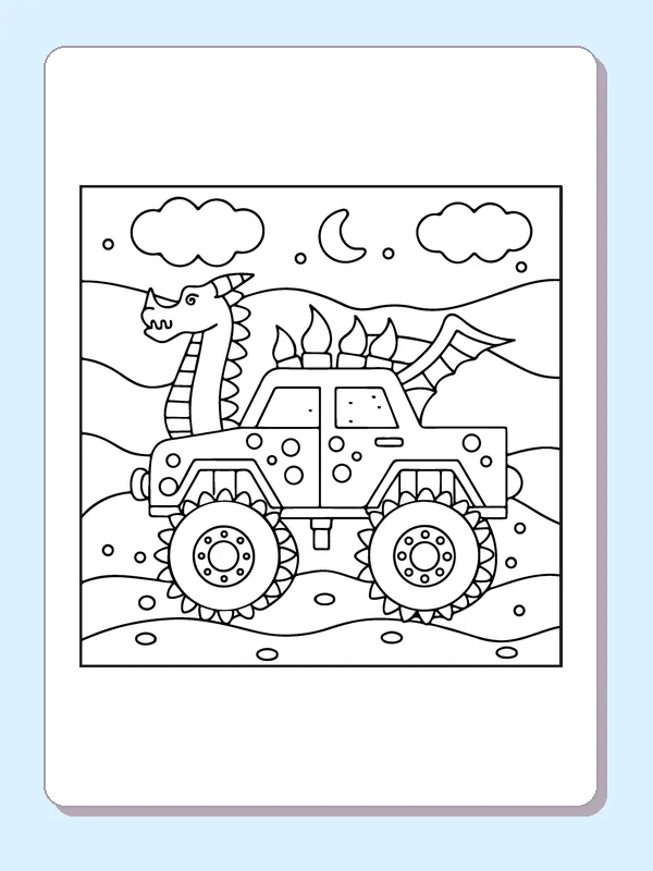 Black and white printable monster truck passing a dragon coloring sheet