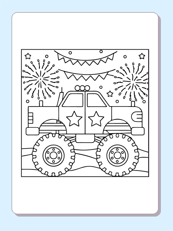 Black and white printable monster truck under fireworks coloring sheet