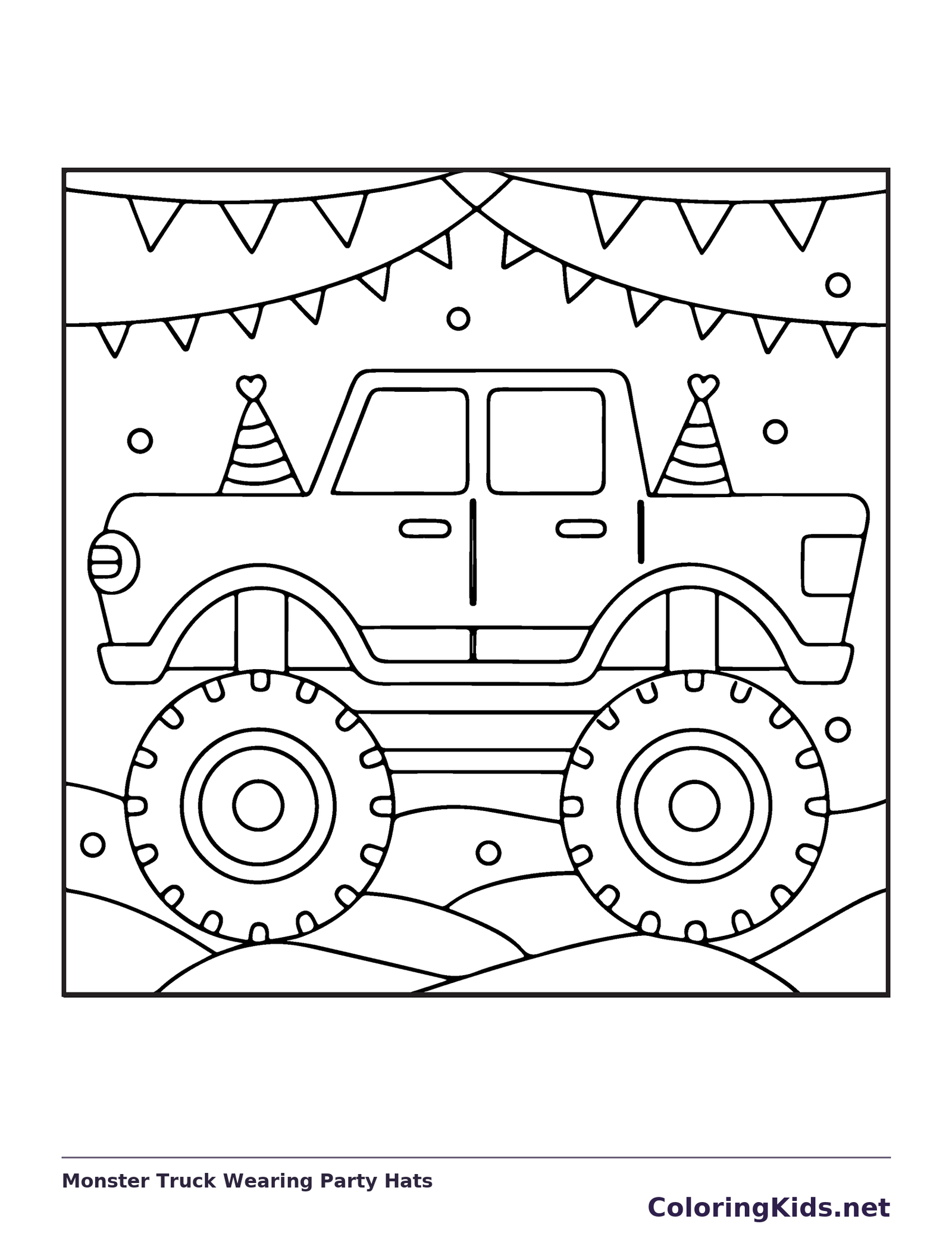 Black and white printable monster truck wearing party hats coloring sheet