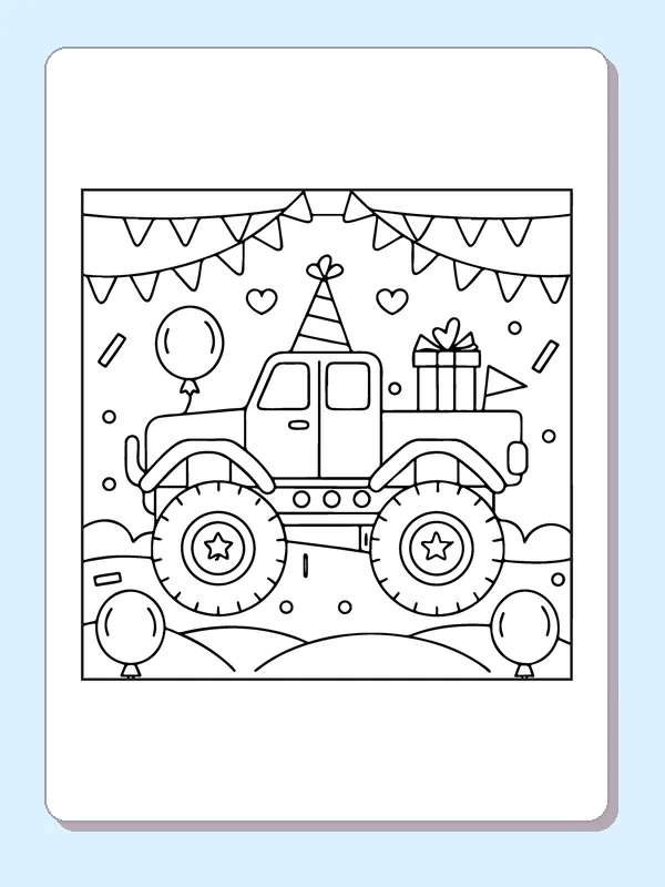 Black and white printable monster truck with a birthday present coloring sheet
