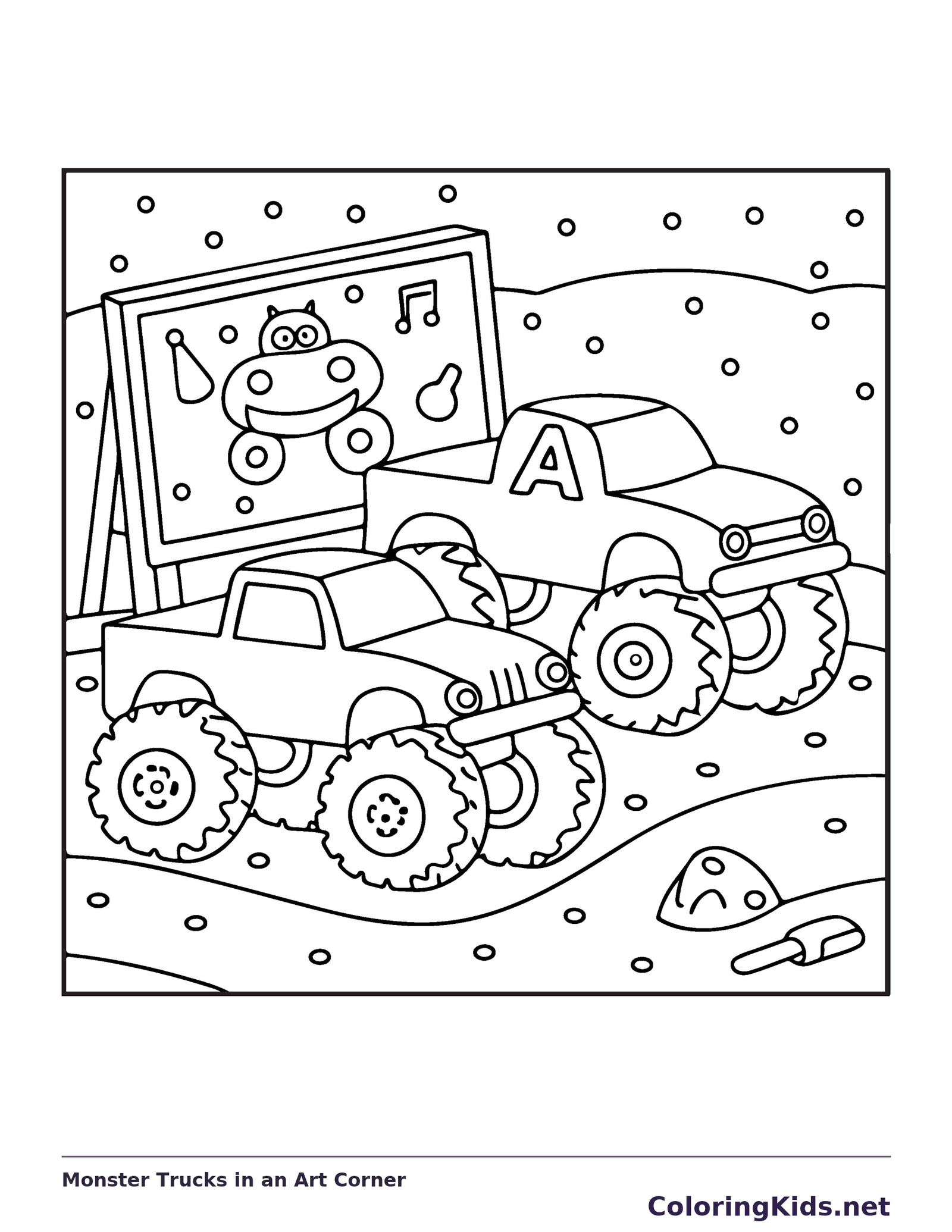 Black and white printable monster trucks in an art corner coloring sheet