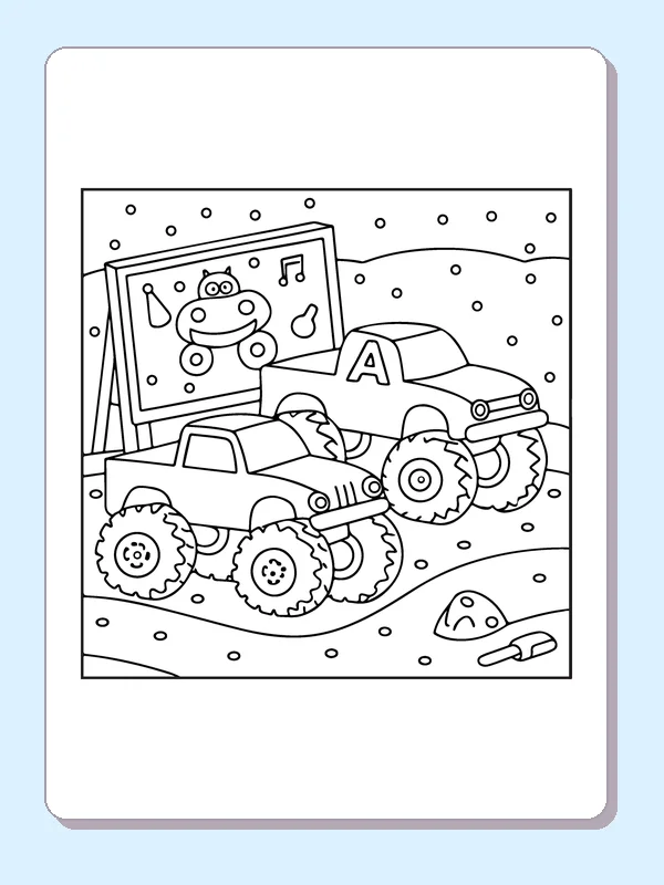 Black and white printable monster trucks in an art corner coloring sheet