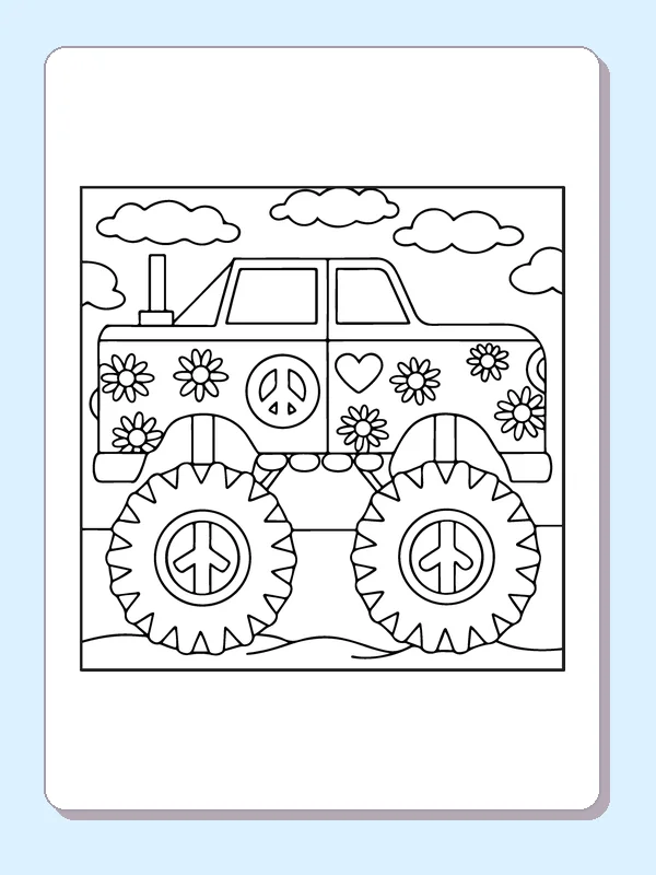 Black and white printable peace-sign monster truck coloring sheet