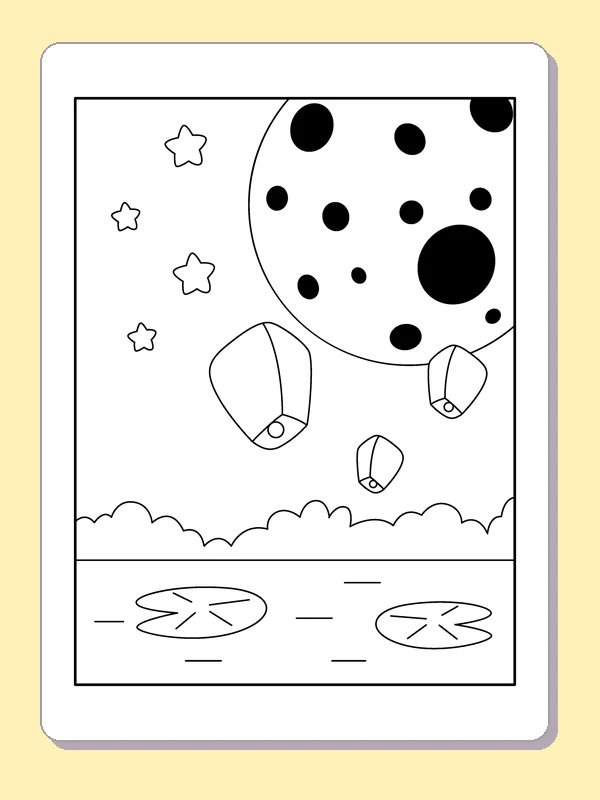 Spotted Moon above a Lily Pond coloring page: black and white line art to print or color online