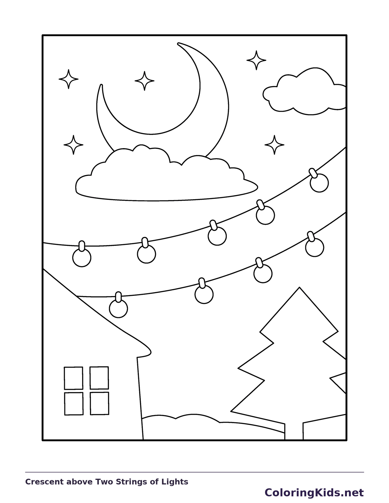 Crescent above Two Strings of Lights coloring page: black and white line art to print or color online