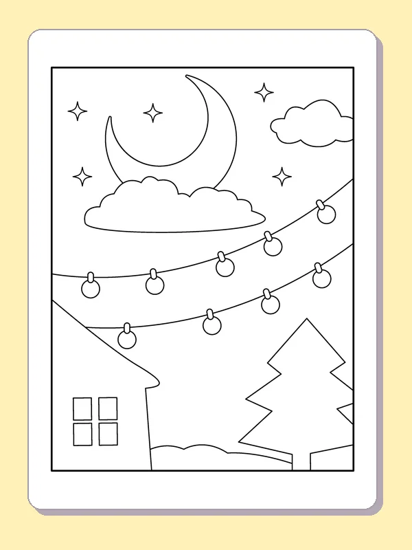 Crescent above Two Strings of Lights coloring page: black and white line art to print or color online