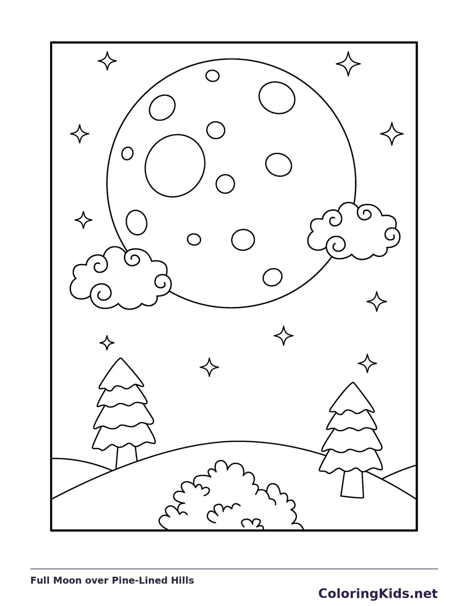 Full Moon over Pine-Lined Hills coloring page: black and white line art to print or color online