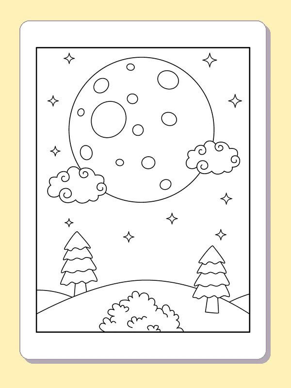 Full Moon over Pine-Lined Hills coloring page: black and white line art to print or color online