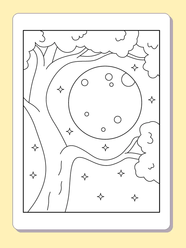 Round Moon behind Branching Trees coloring page: black and white line art to print or color online
