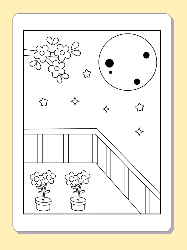 Spotted Moon above Balcony Flowers coloring page: black and white line art to print or color online