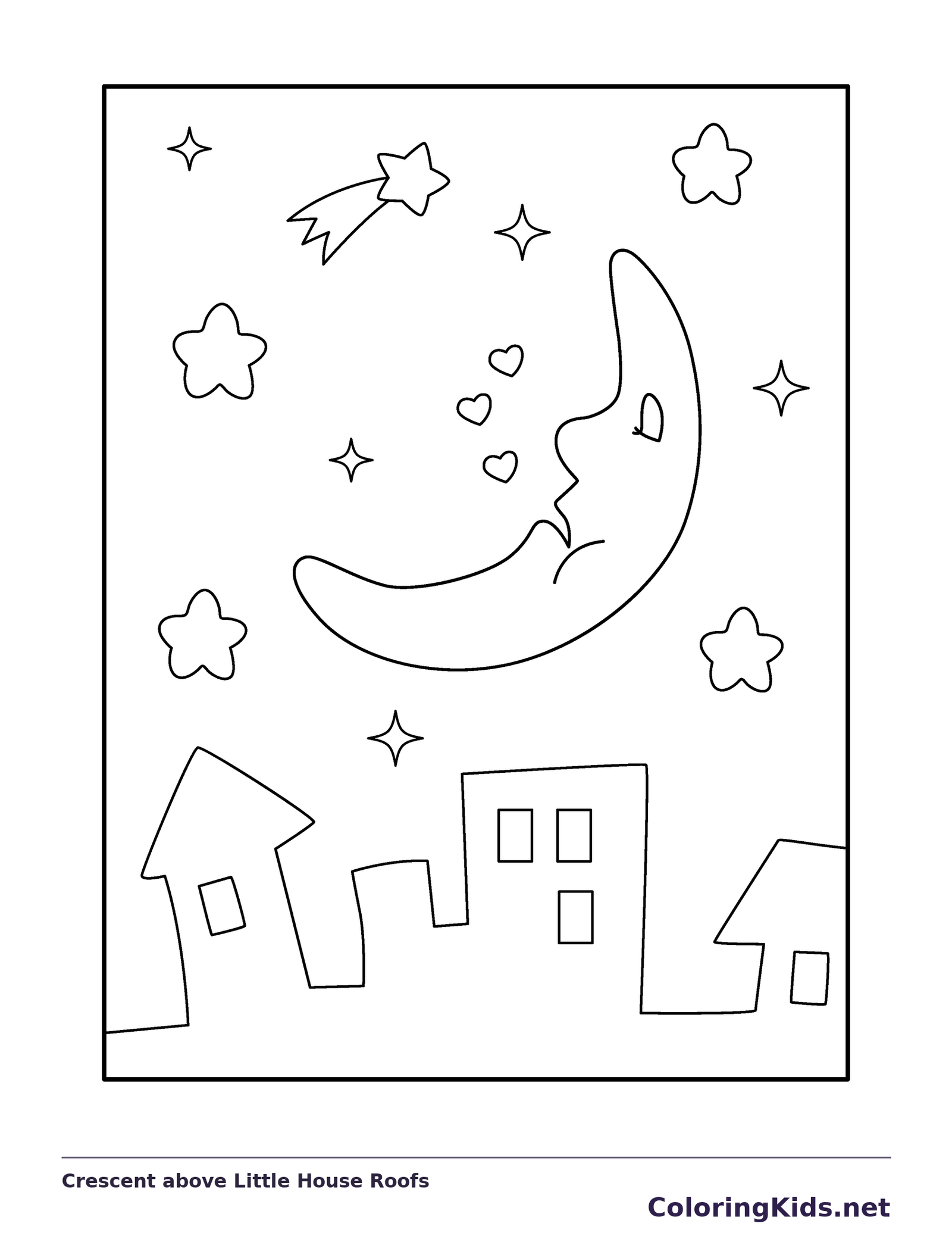 Crescent above Little House Roofs coloring page: black and white line art to print or color online