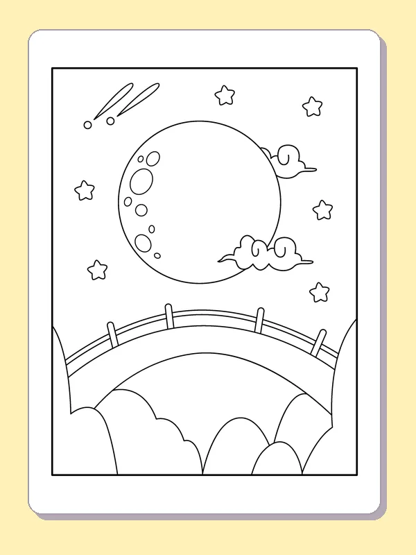 Round Moon above an Arched Bridge coloring page: black and white line art to print or color online