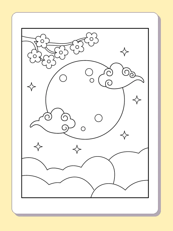 Moon beneath a Flowering Branch coloring page: black and white line art to print or color online