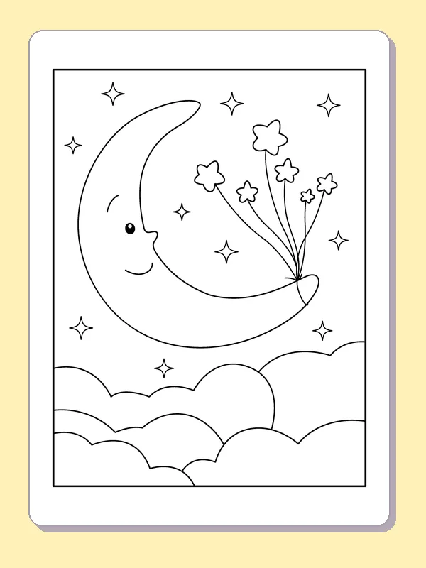 Crescent Holding a Star Bouquet coloring page: black and white line art to print or color online