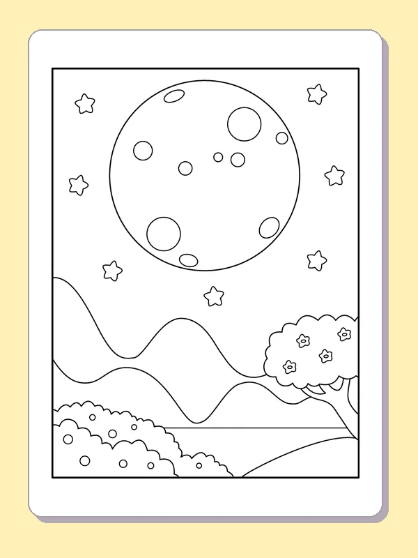Full Moon above Rolling Hills coloring page: black and white line art to print or color online