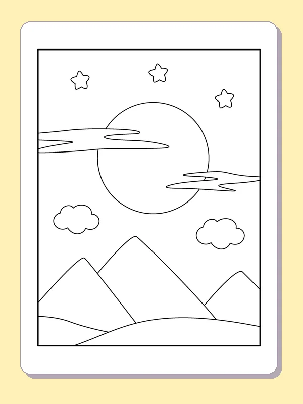 Full Moon above Pointed Mountains coloring page: black and white line art to print or color online