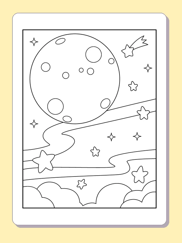 Cratered Moon over a Winding Sky Ribbon coloring page: black and white line art to print or color online