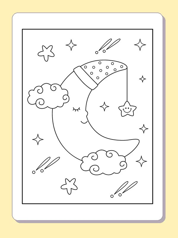 Spotted Nightcap on a Crescent coloring page: black and white line art to print or color online