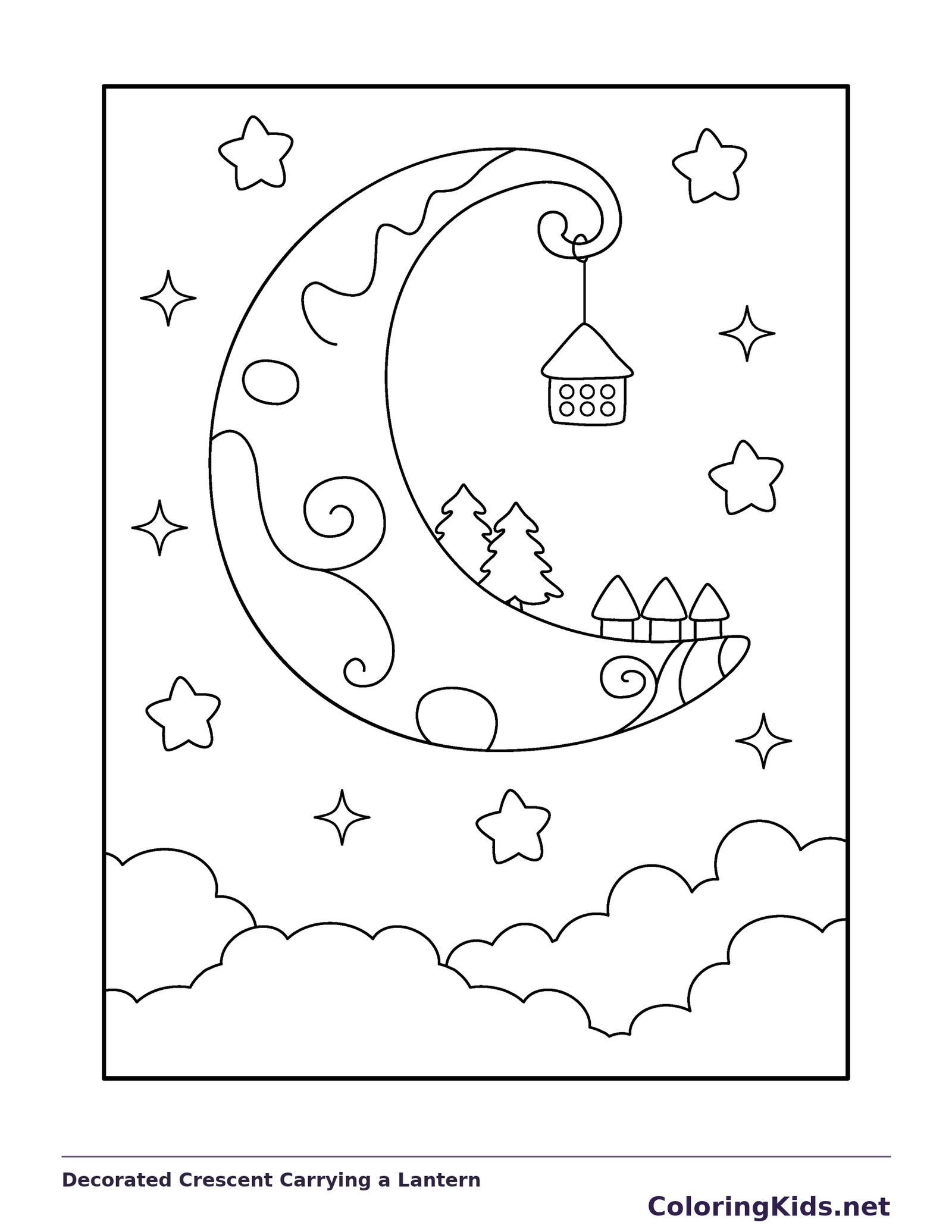 Decorated Crescent Carrying a Lantern coloring page: black and white line art to print or color online