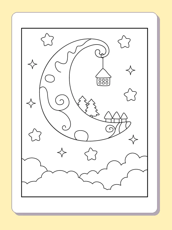 Decorated Crescent Carrying a Lantern coloring page: black and white line art to print or color online