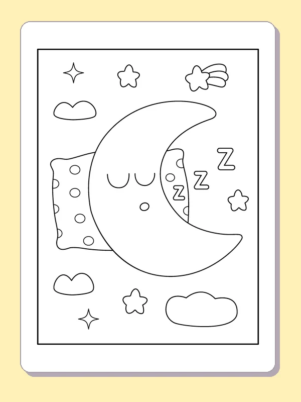 Sleepy Crescent beside a Dotted Pillow coloring page: black and white line art to print or color online