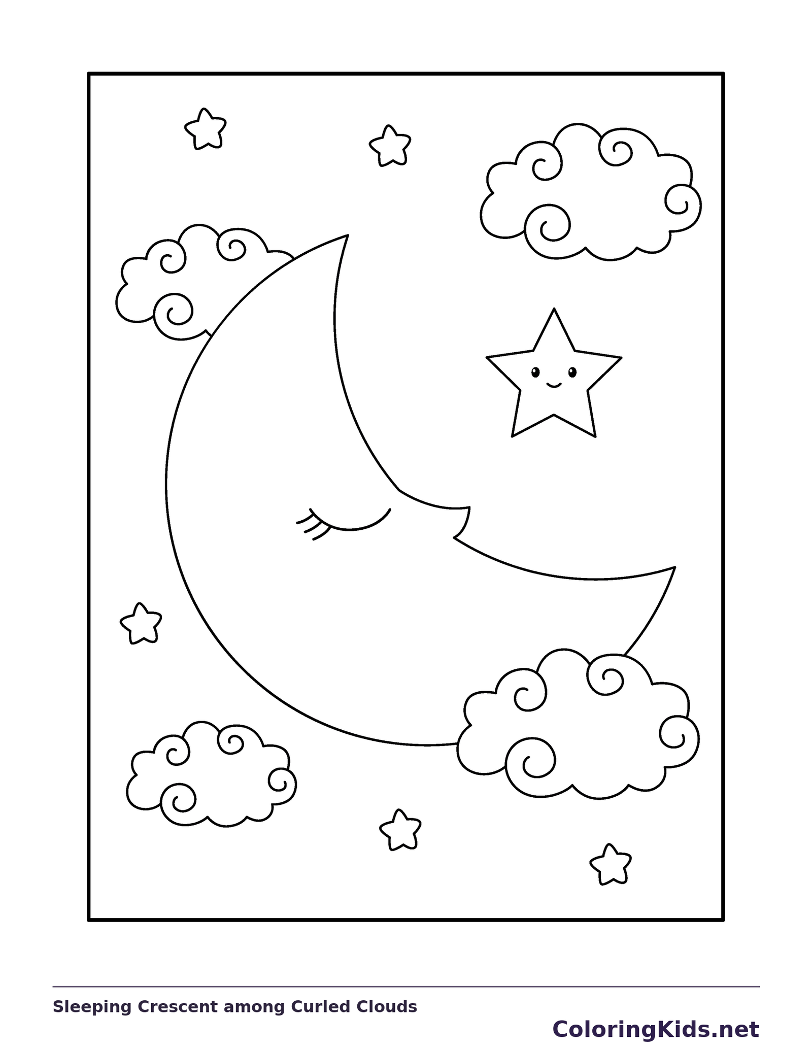 Sleeping Crescent among Curled Clouds coloring page: black and white line art to print or color online
