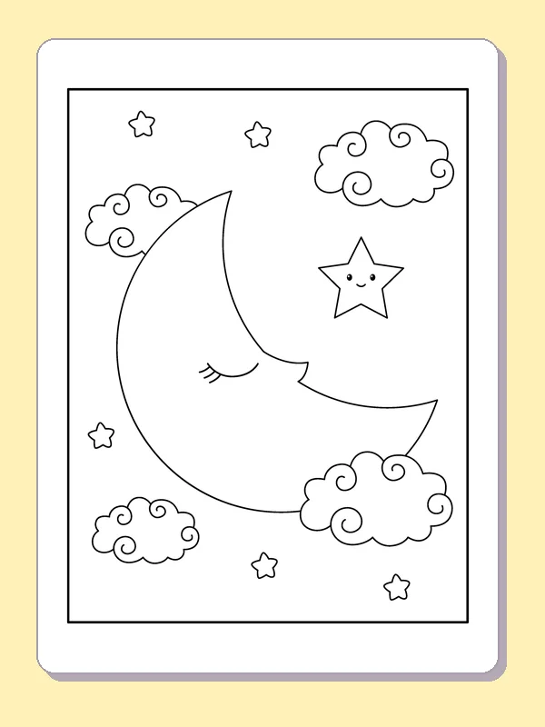 Sleeping Crescent among Curled Clouds coloring page: black and white line art to print or color online