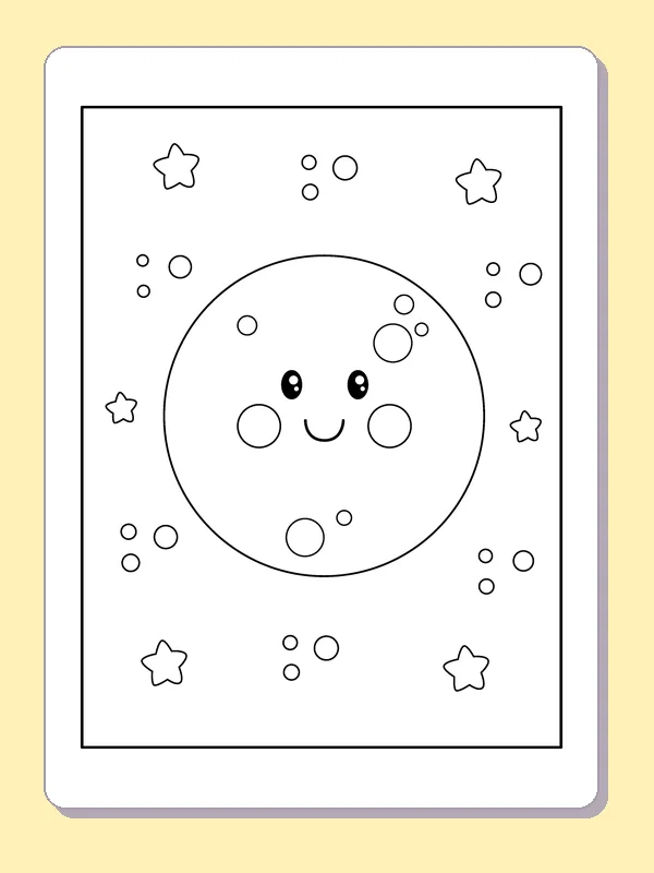 Smiling Full Moon with Crater Rings coloring page: black and white line art to print or color online