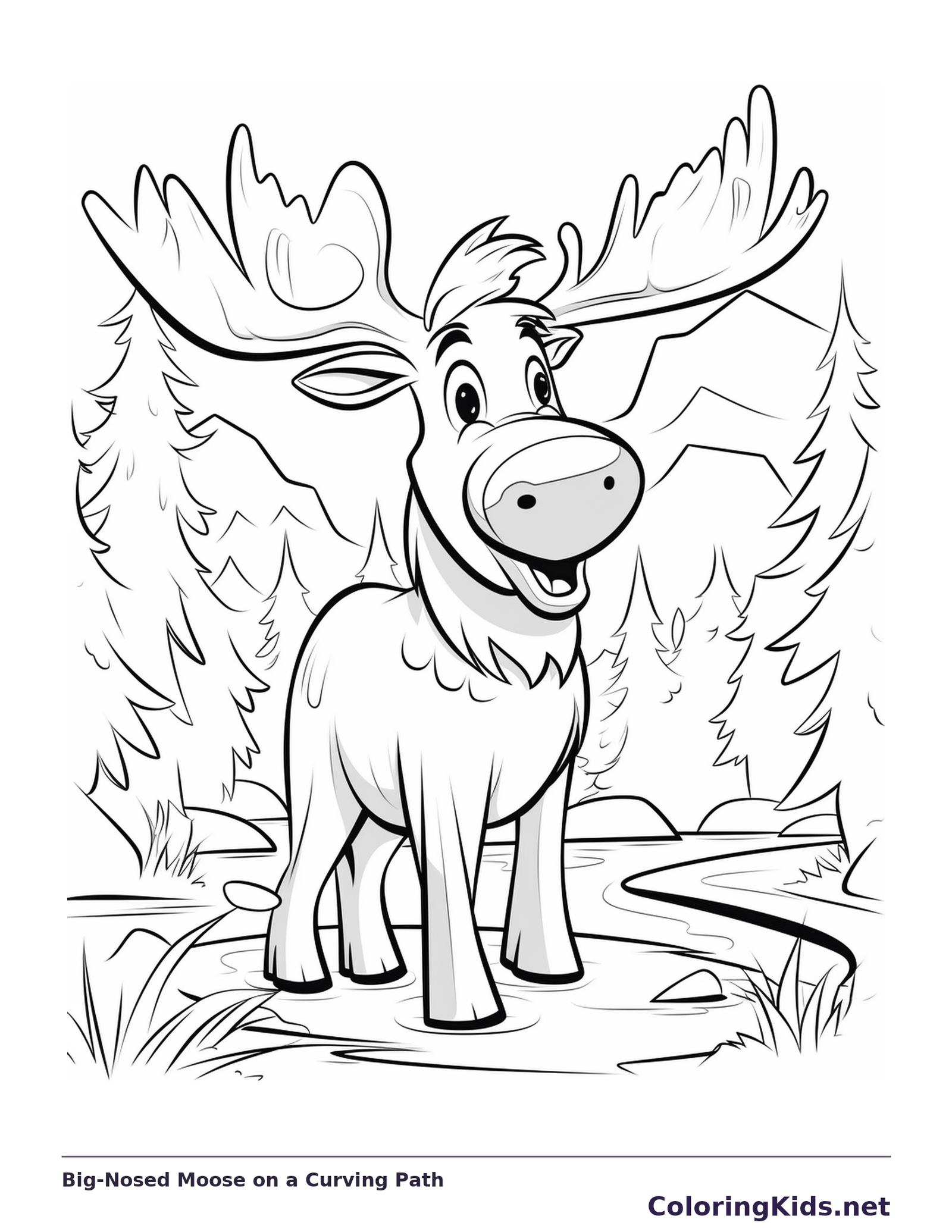 Black and white printable big-nosed moose on a curving path coloring sheet