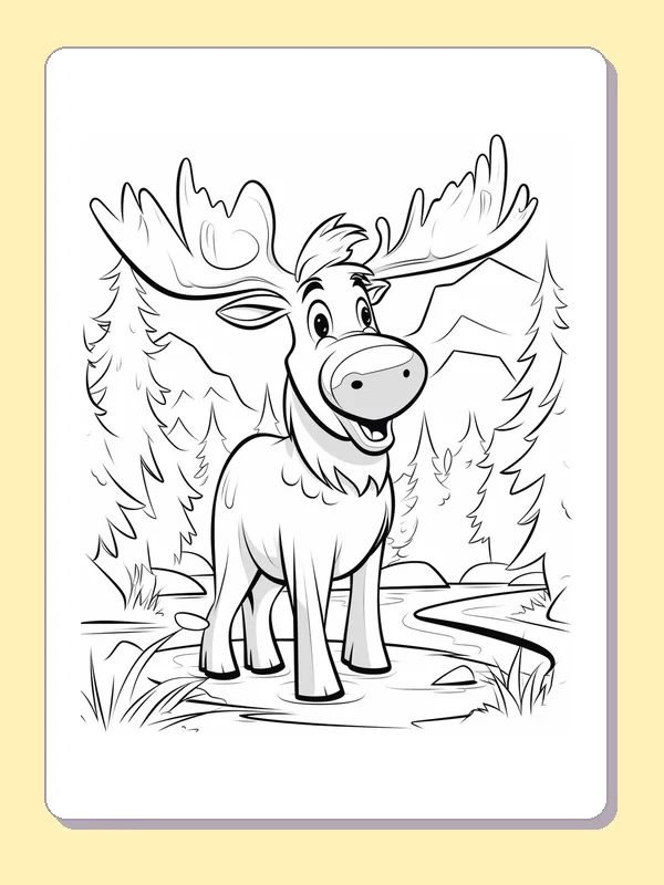 Black and white printable big-nosed moose on a curving path coloring sheet