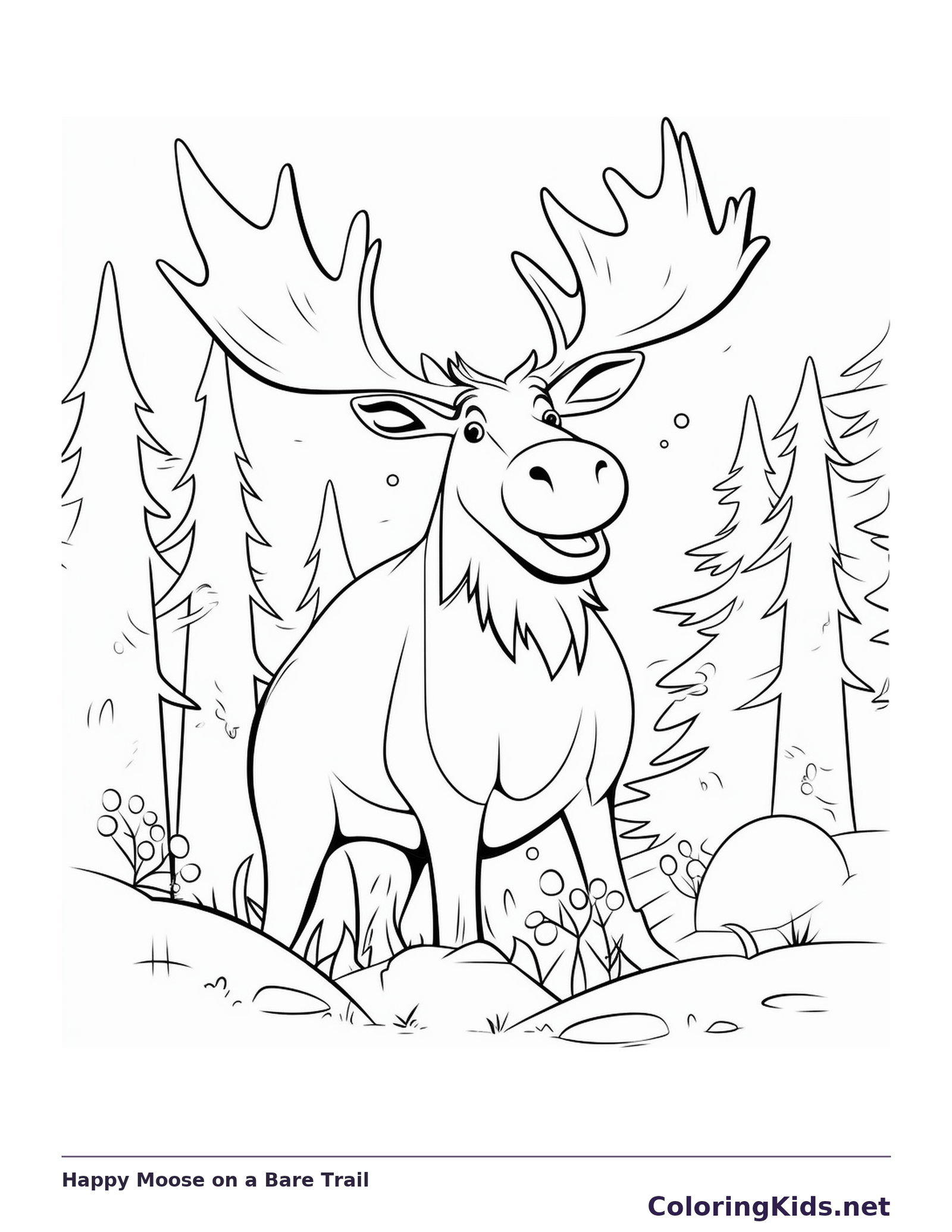 Black and white printable happy moose on a bare trail coloring sheet