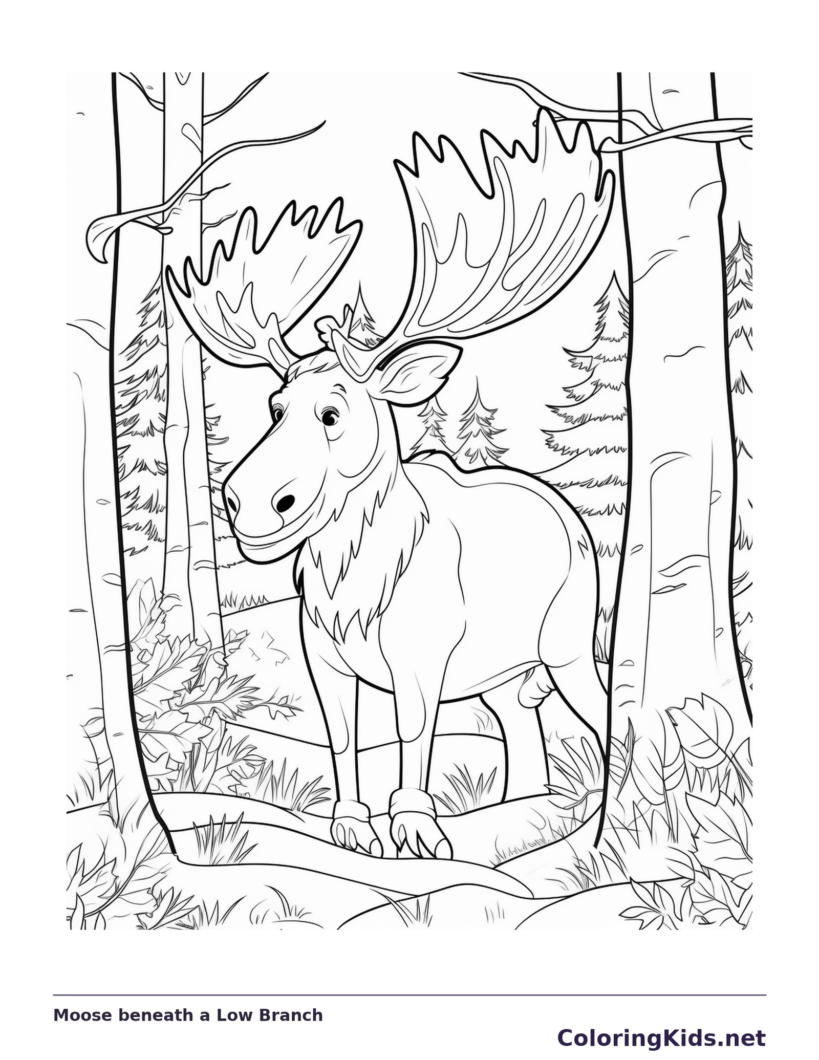 Black and white printable moose beneath a low branch coloring sheet