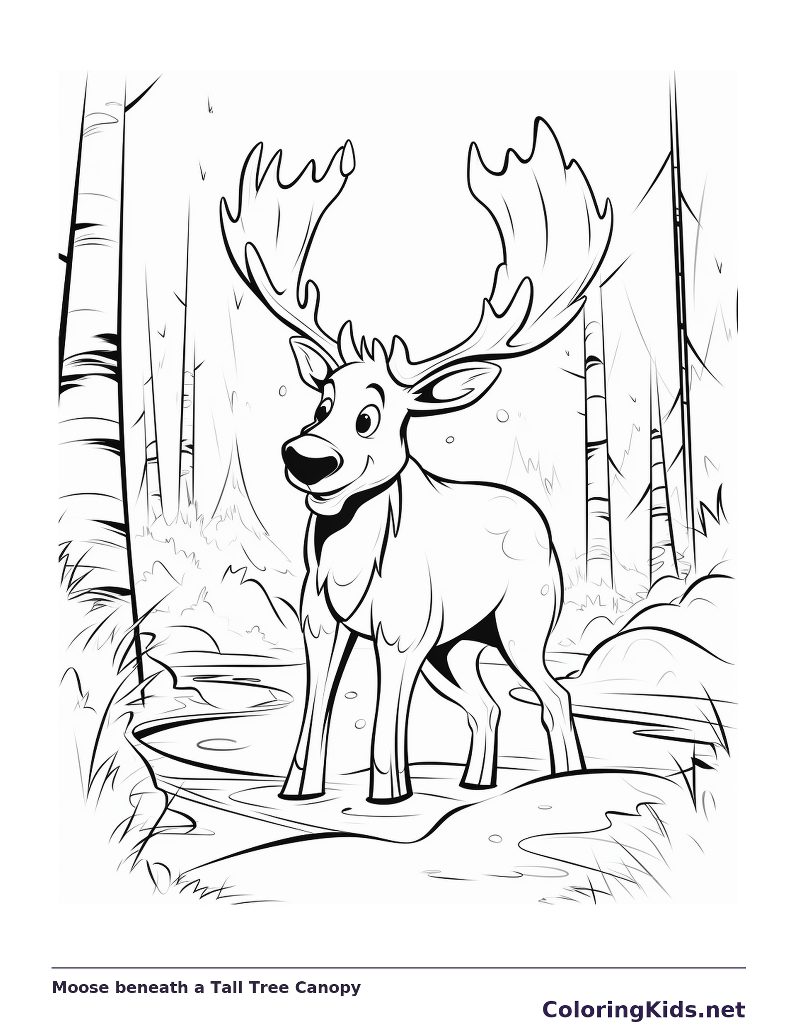 Black and white printable moose beneath a tall tree canopy coloring sheet