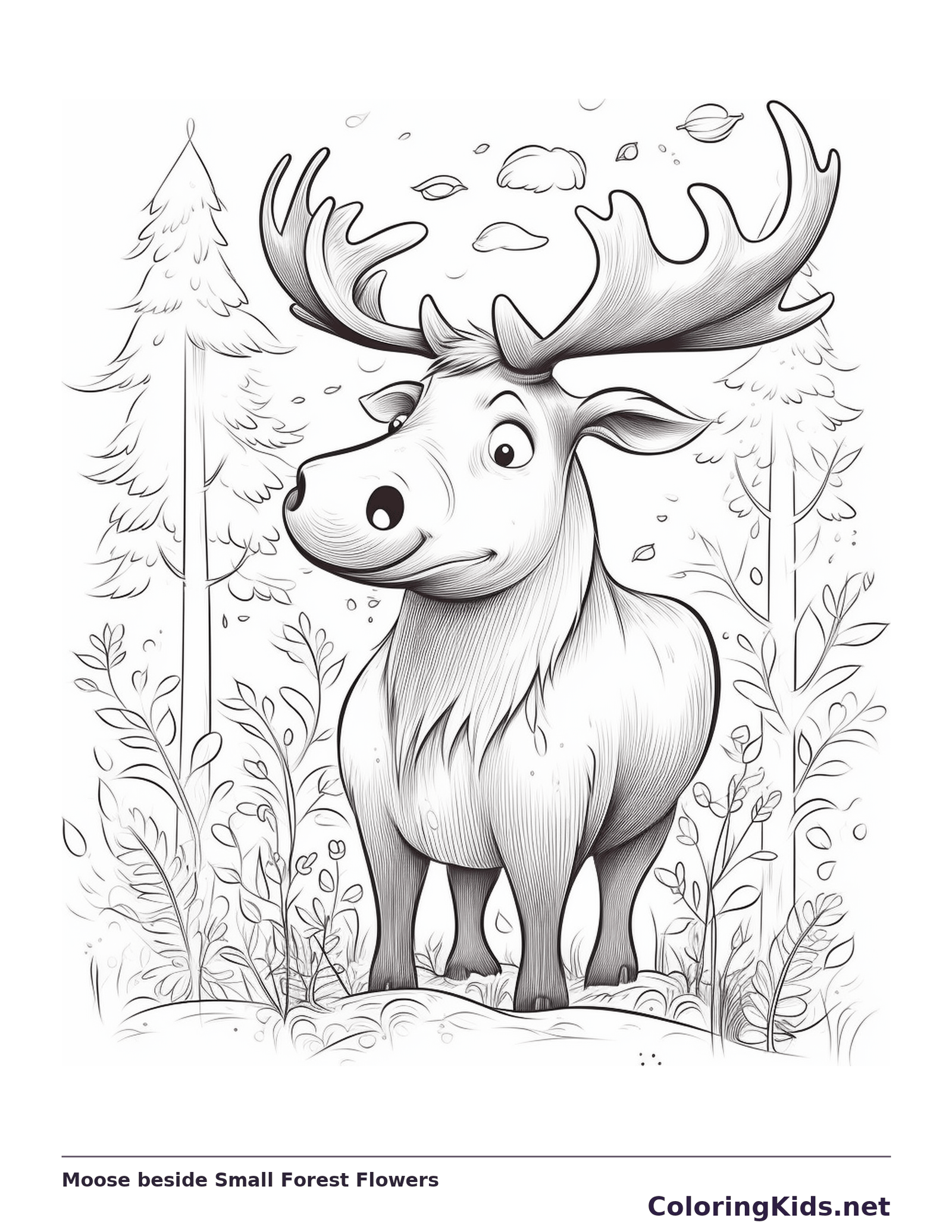 Black and white printable moose beside small forest flowers coloring sheet