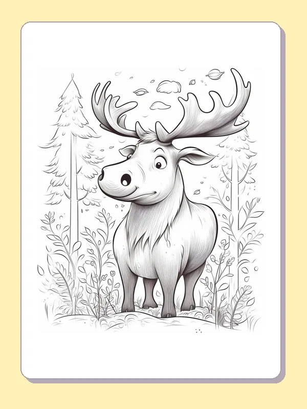 Black and white printable moose beside small forest flowers coloring sheet