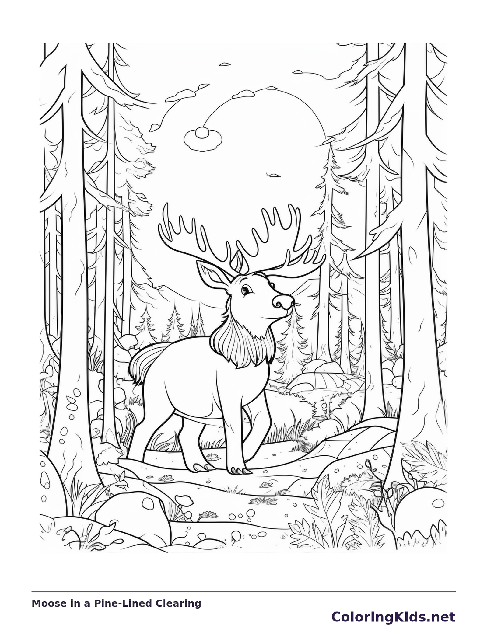 Black and white printable moose in a pine-lined clearing coloring sheet