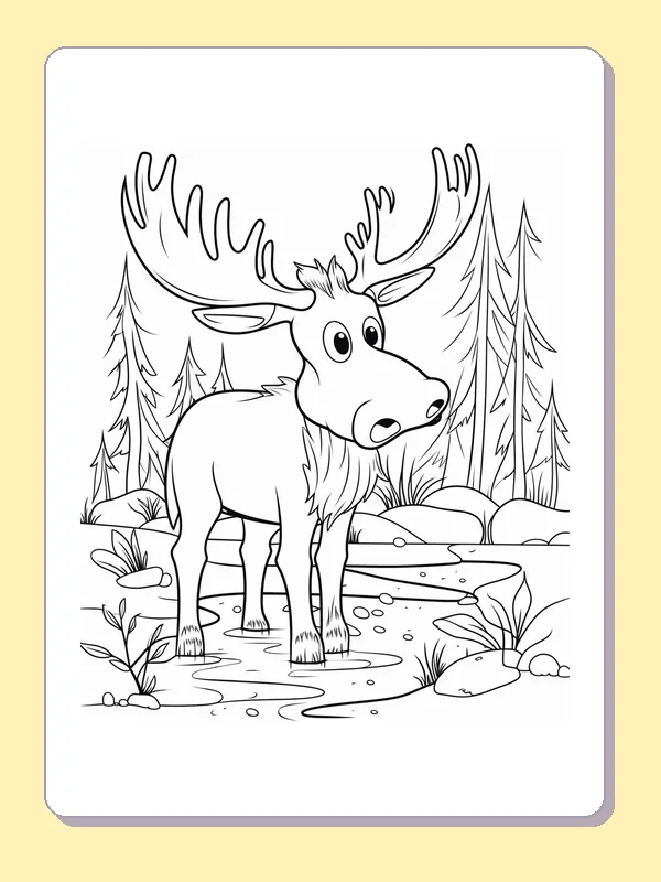 Black and white printable moose looking across a woodland creek coloring sheet