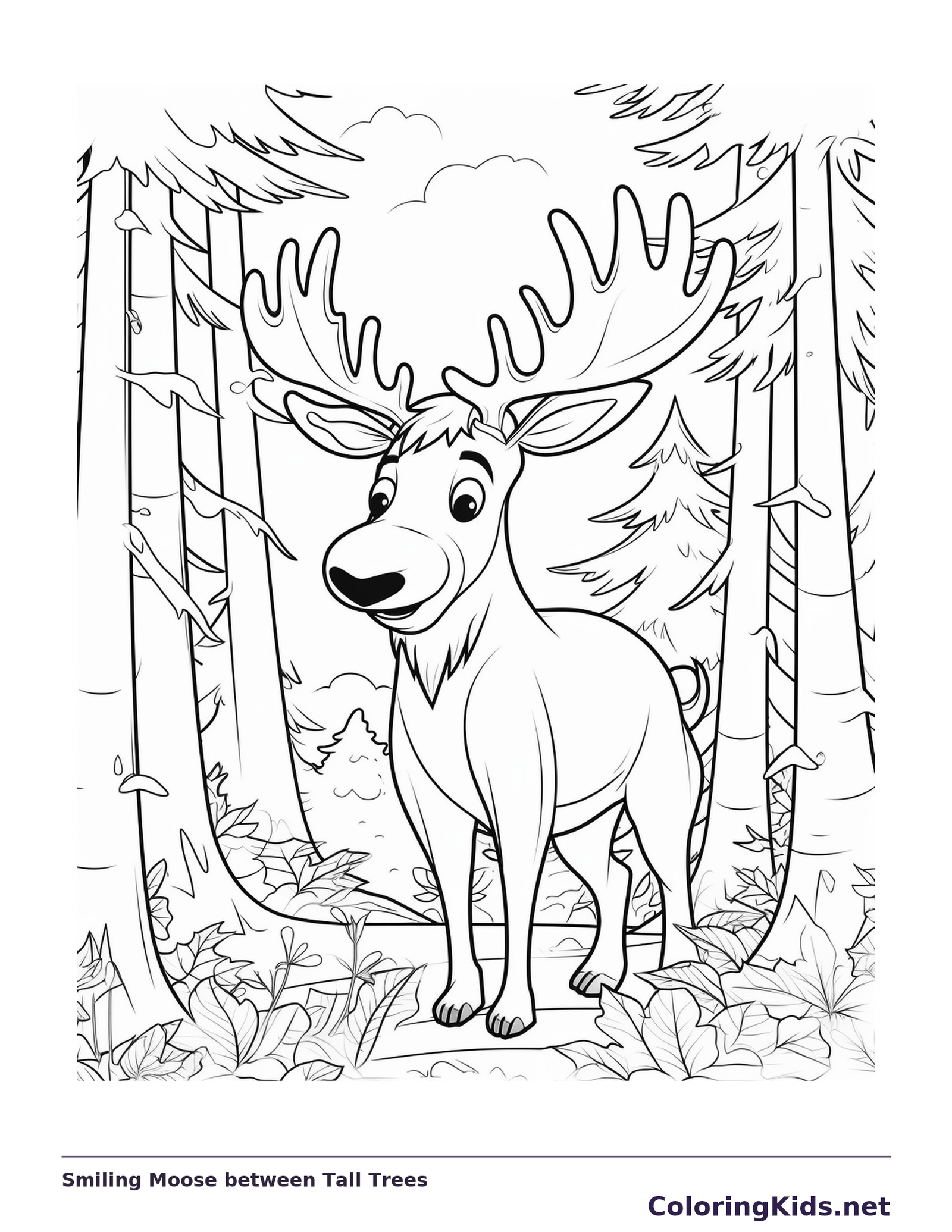 Black and white printable smiling moose between tall trees coloring sheet