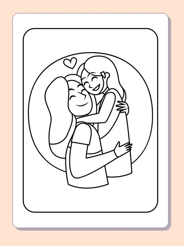 Daughter hugging mother inside a circular frame with a small heart