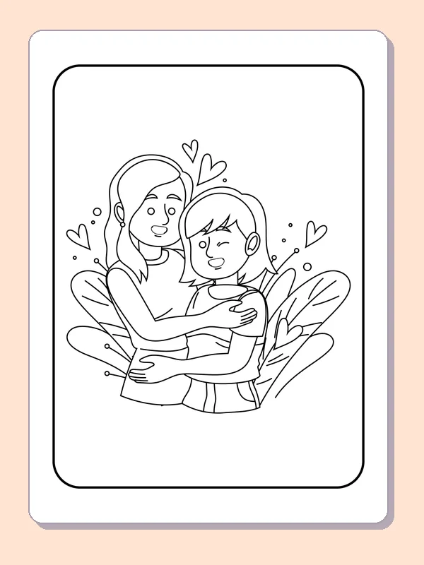 Mother and child embracing amid leafy stems and small hearts