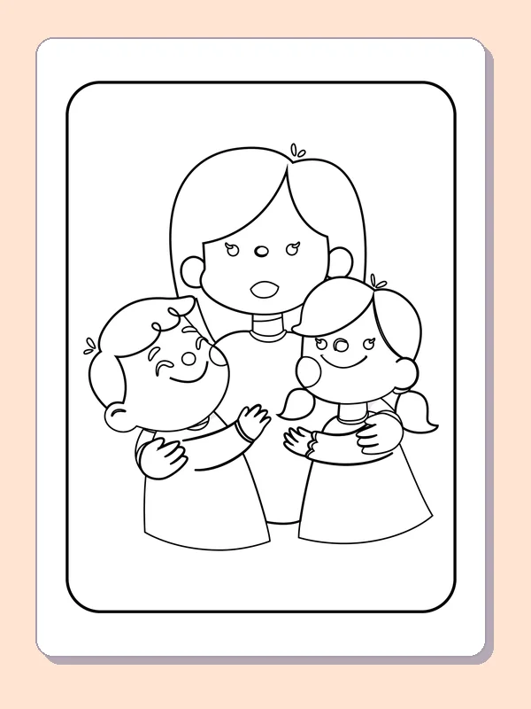 Mother standing with two children close to her sides