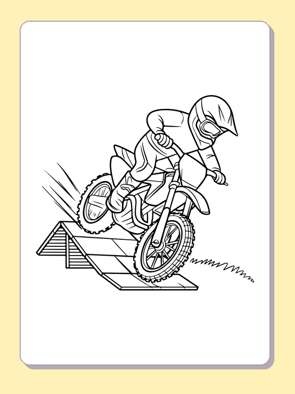 Black and white printable dirt bike clearing a practice ramp coloring sheet