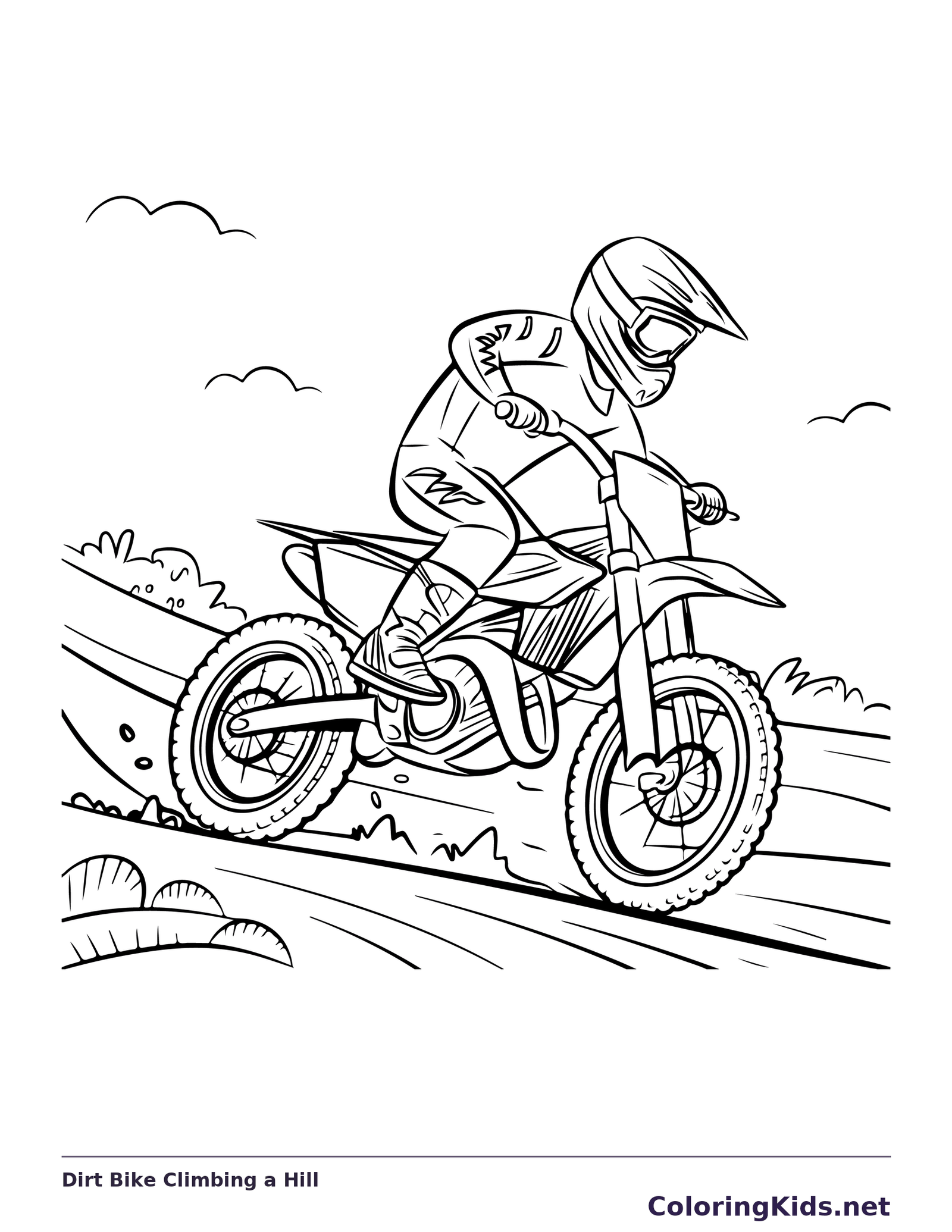 Black and white printable dirt bike climbing a hill coloring sheet