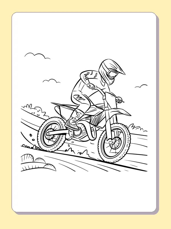 Black and white printable dirt bike climbing a hill coloring sheet