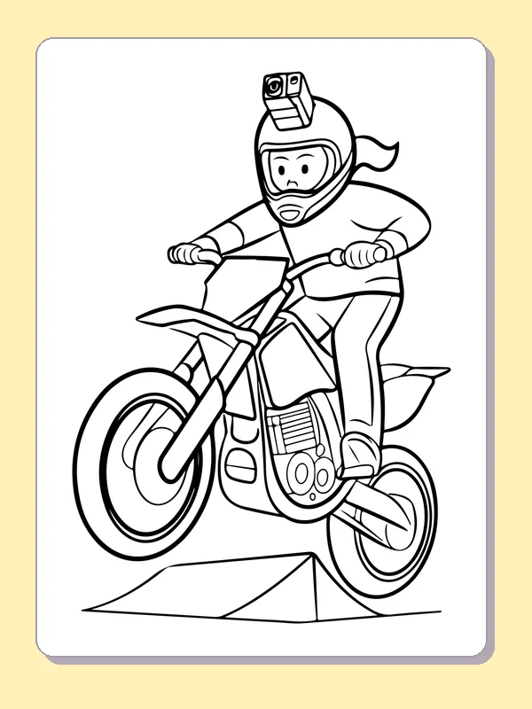 Black and white printable dirt bike jumping a small ramp coloring sheet