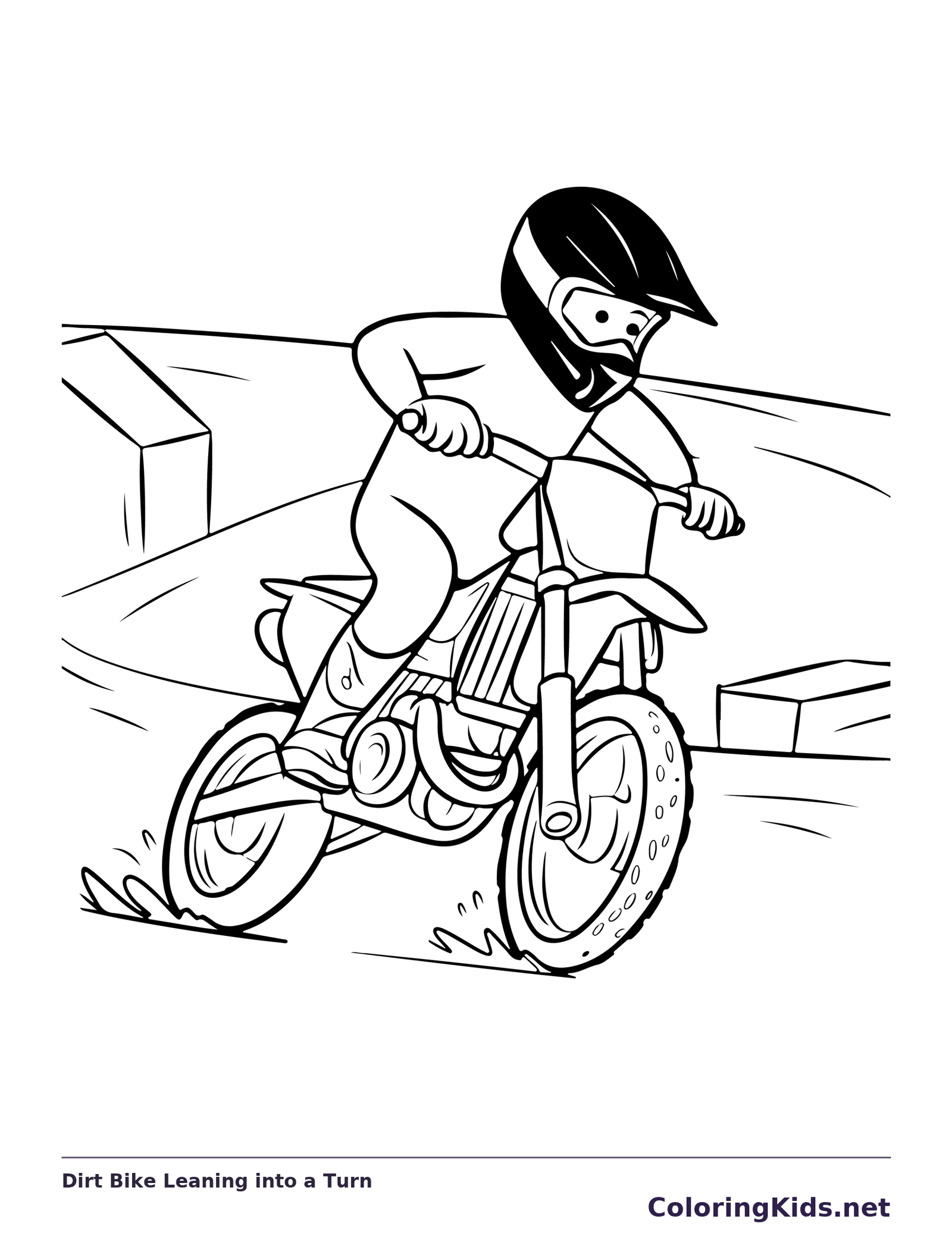 Black and white printable dirt bike leaning into a turn coloring sheet