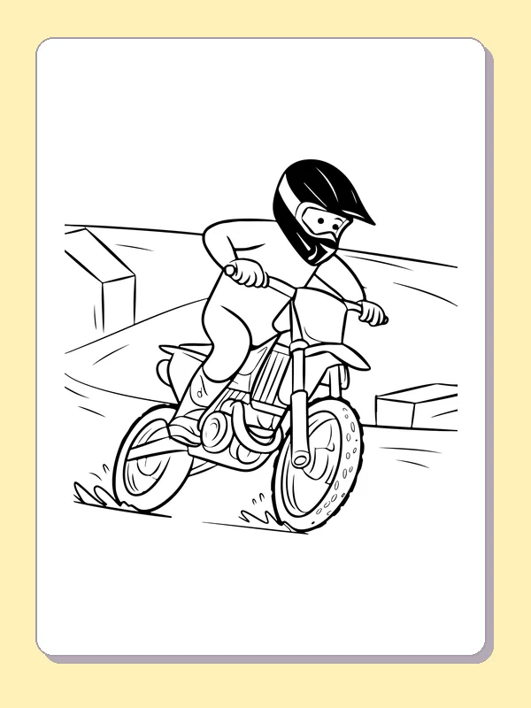 Black and white printable dirt bike leaning into a turn coloring sheet