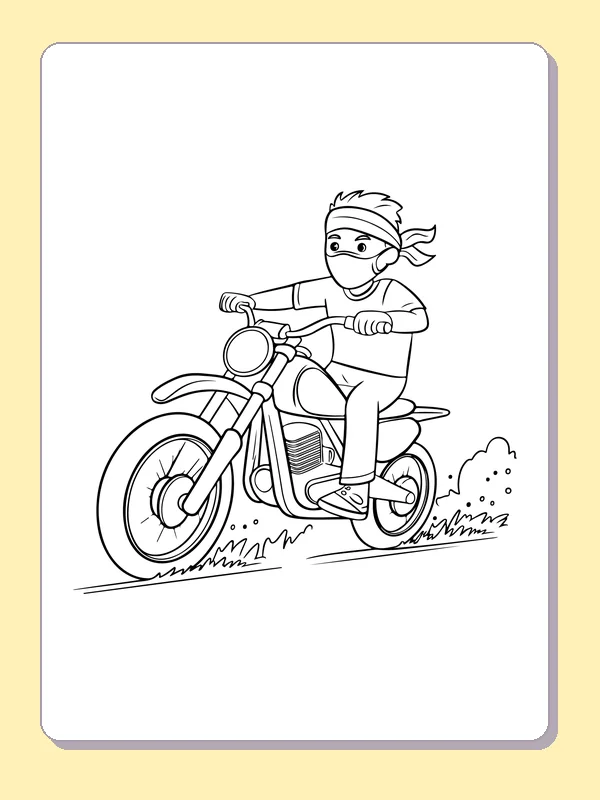 Black and white printable motocross rider crossing open ground coloring sheet