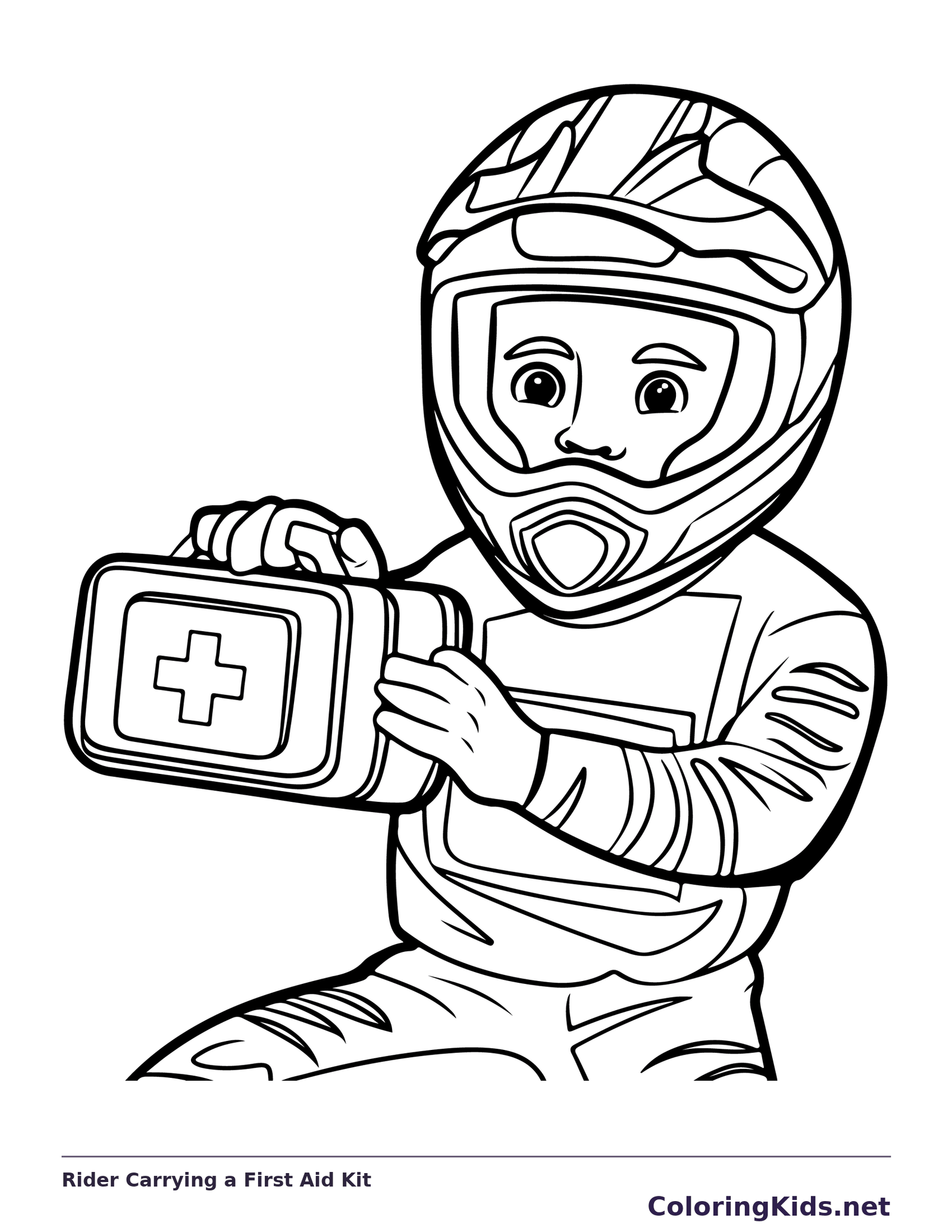 Black and white printable rider carrying a first aid kit coloring sheet